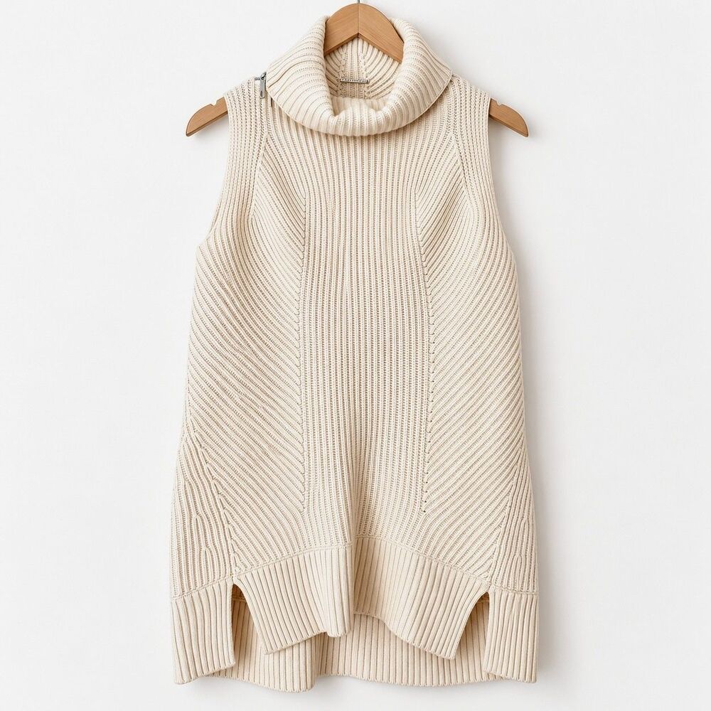 Elie Tahari Wool Cashmere Cowl Neck Tunic Sweater Ivory Sz M Asymmetrical Hem
